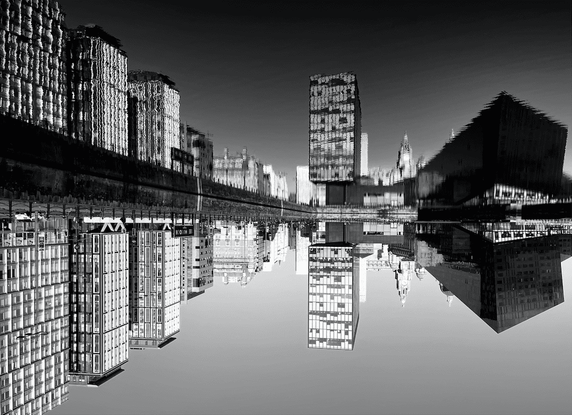 An image which has been turned upside down of Liverpool's skyline reflected in water, by Miss Prescott, Teacher of Art & Photography, one of 12 winners in Cheadle Hulme High School Photography Calendar Competition 2024.
