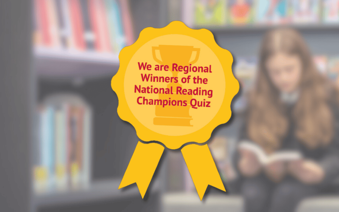 A blurred image of a student reading in the Cheadle Hulme High School library, with a rosette badge in the foreground that reads: We are Regional Winners of the National Reading Champions Quiz
