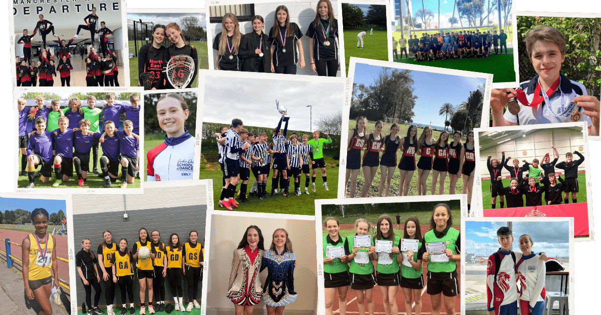A collage of photos of Cheadle Hulme High School student athletes and sports teams