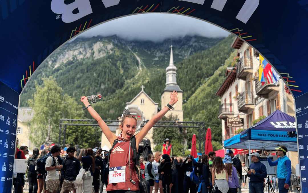 Cheadle Hulme Sixth Form student, Eleana crossing the finish line in Chaminox, France.