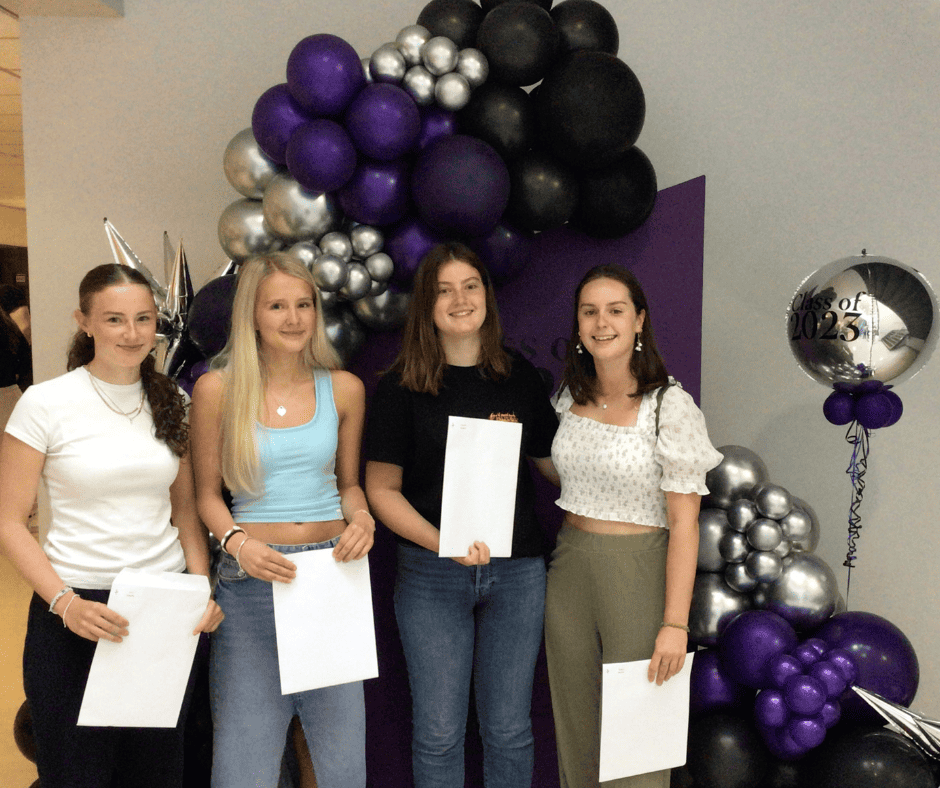 Class of 2023 students receiving their A Level results. Cheadle Hulme Sixth Form Students Ceri Douglas, Libby Conway, Hannah Jackson and Daisy Baxter receiving their A Level results.