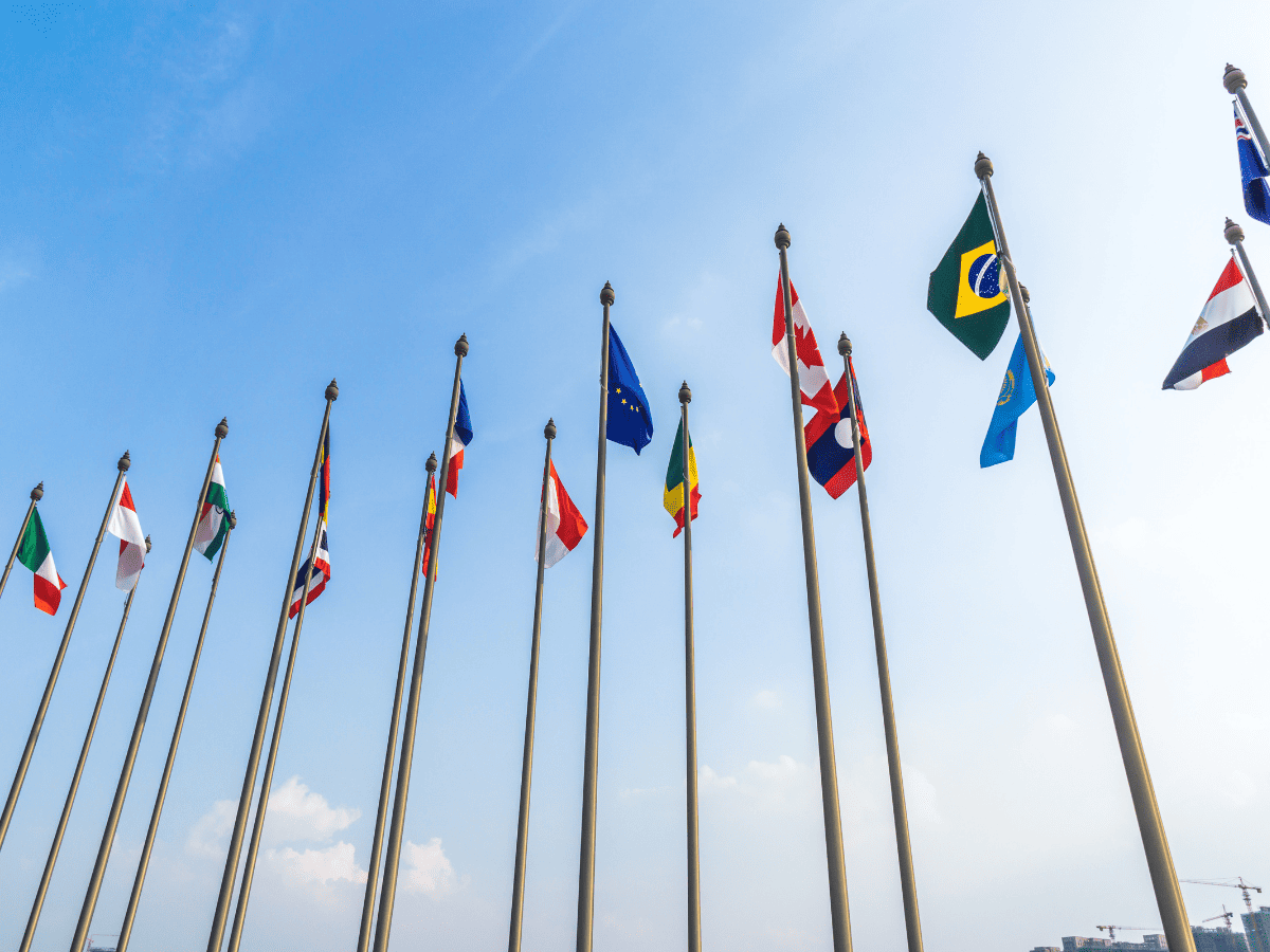 Flags of the world against a blue sky, representing the Stonyhurst Model United Nations conference attended by students at Cheadle Hulme High School.