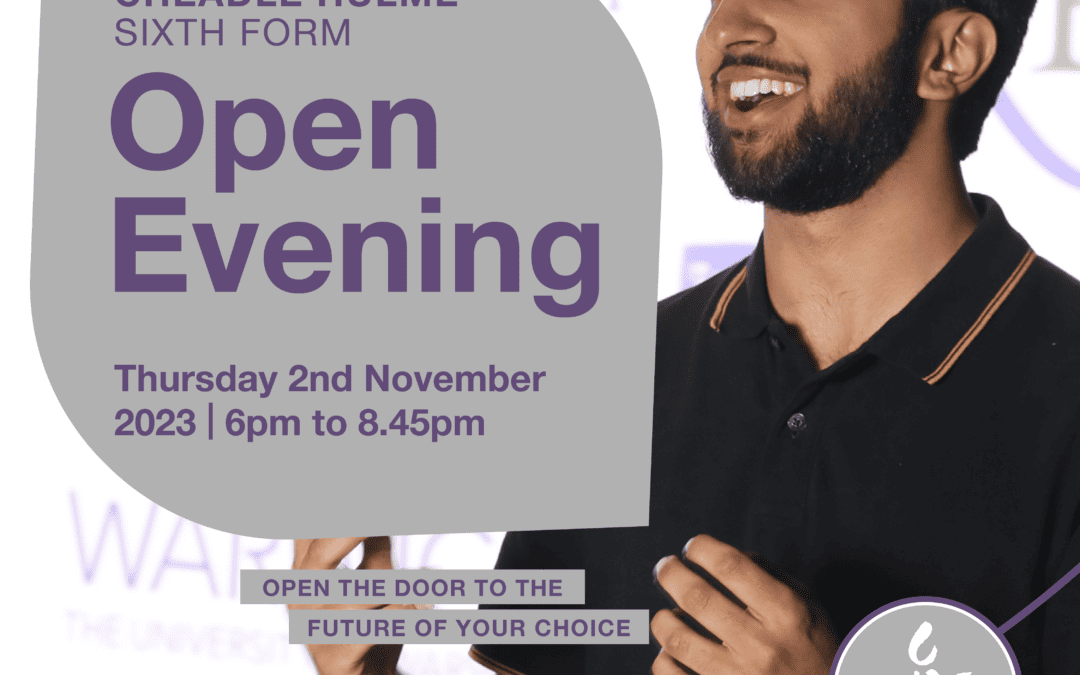 Cheadle Hulme Sixth Form Open Evening Thursday 2nd November 2023 | 6pm to 8.45pm Open the door to the future of your choice at Cheadle Hulme Sixth Form, part of the Laurus Trust.