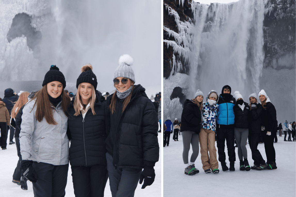 Students from Cheadle Hulme High School stand in front of Skógafoss waterfall in Iceland.