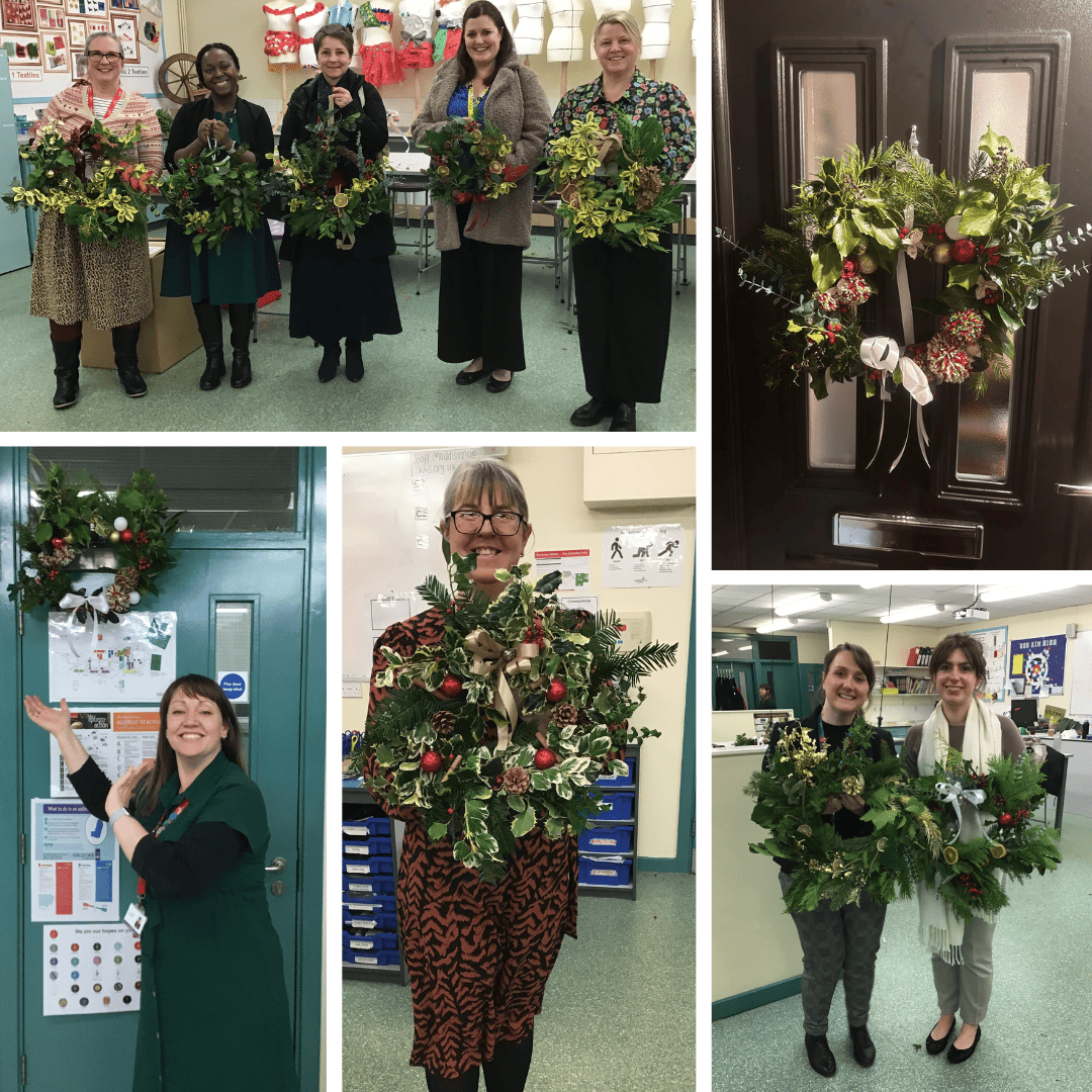Staff at Cheadle Hulme High School hold up wreaths they have made.