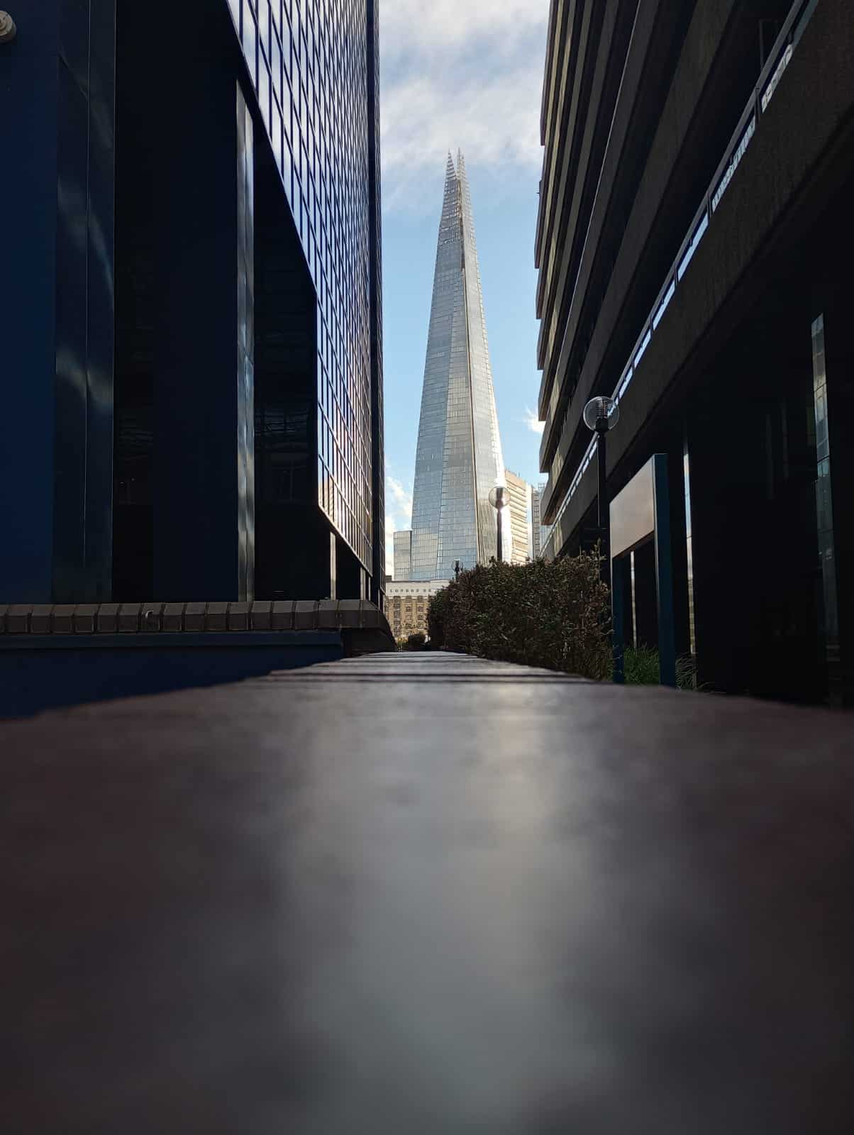 A shot of the shard, taken on a wall between two buildings. By James in Year 9, one of 12 winners in Cheadle Hulme High School Photography Calendar Competition 2024.